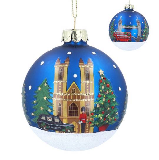 INDENT - Pack 12, Glass Ball Matt Blue, London Bus, Taxi & Co 8cm